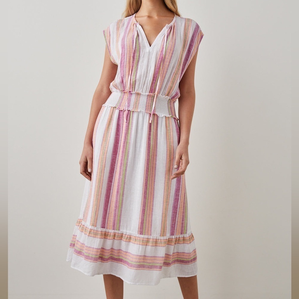 Rails Ashlyn midi Dress in Hibiscus Stripe smocked pastel summer XS linen blend